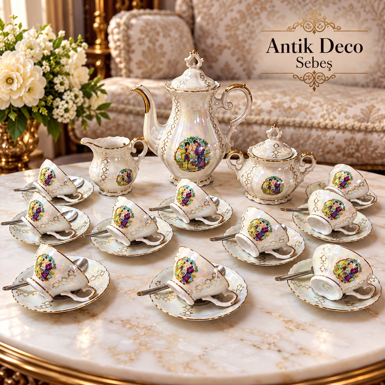 Serviciu de cafea din porțelan sidefat – decor oriental