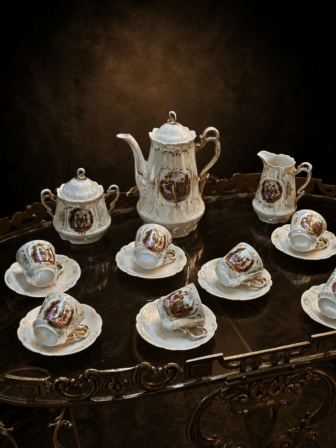 Set cafea porțelan fin sidefat,decor romantic