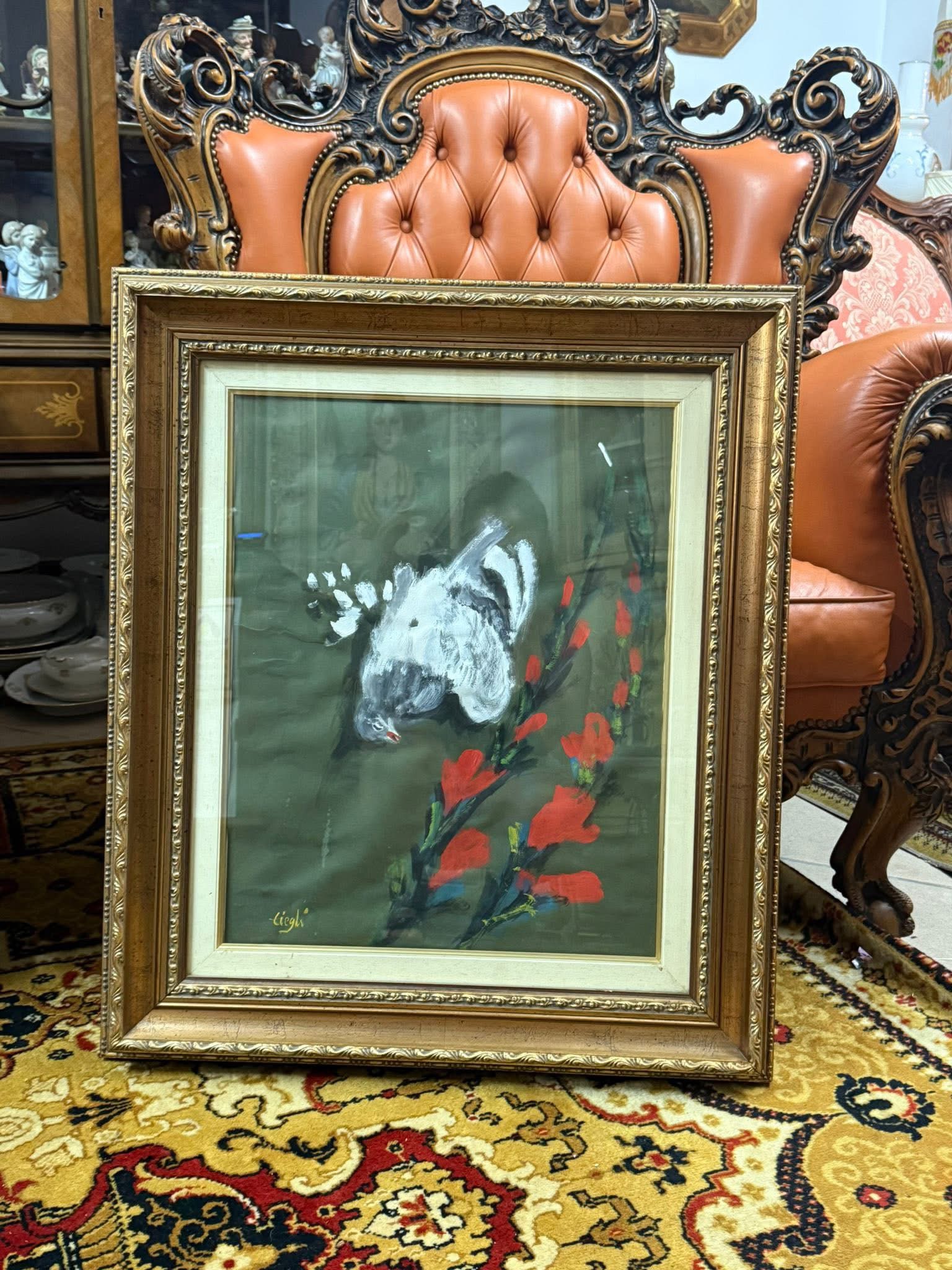 Pictura semnată-porumbel alb și flori rosii