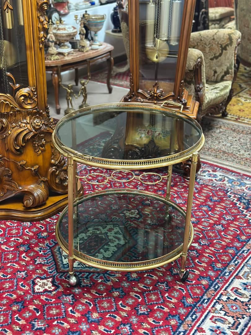 Măsuță de servire gheridon vintage din alamă și sticlă,