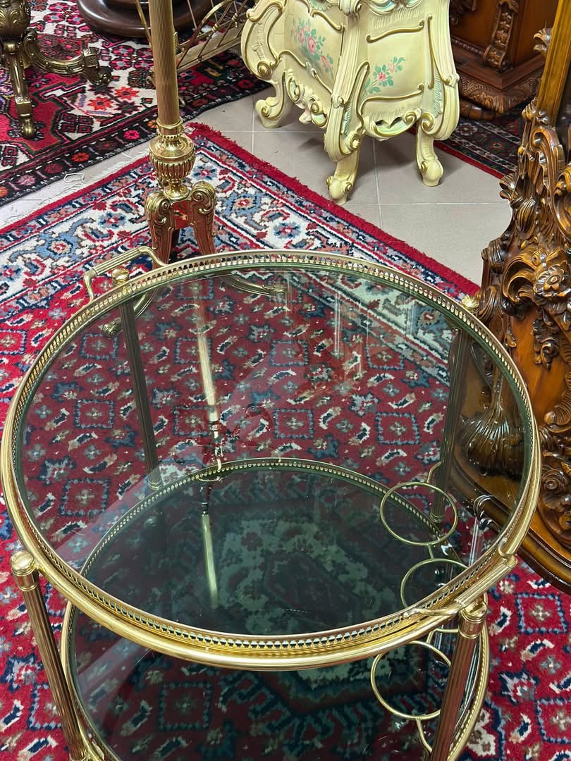 Măsuță de servire gheridon vintage din alamă și sticlă, - imagine 4
