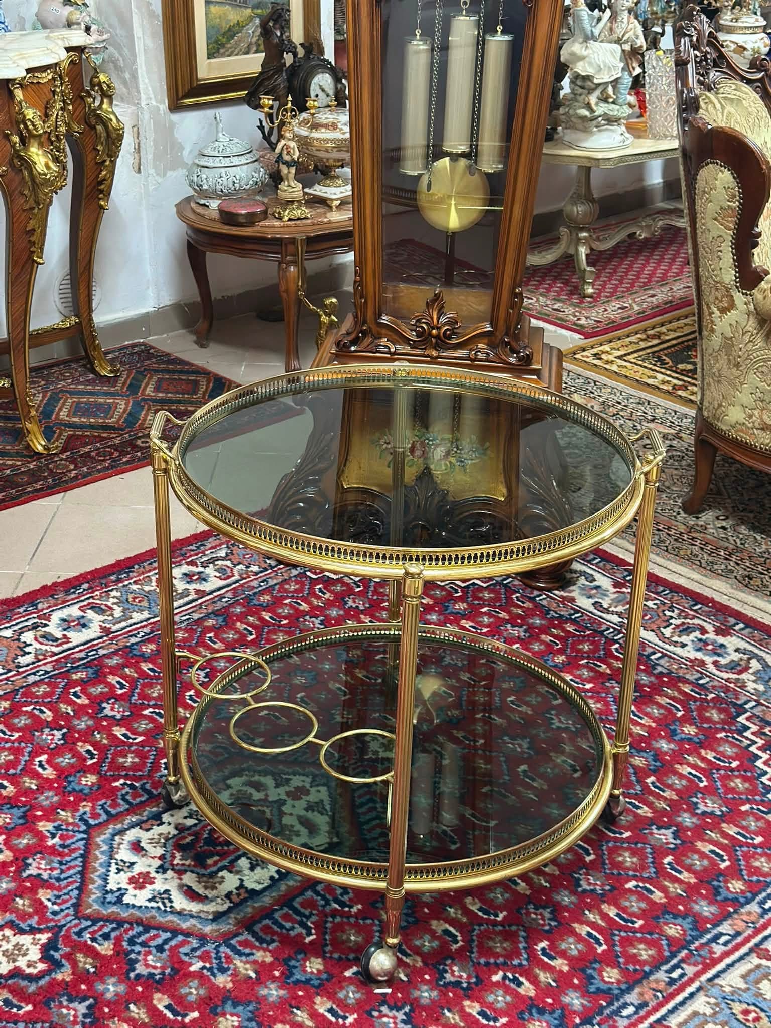 Măsuță de servire gheridon vintage din alamă și sticlă, - imagine 2