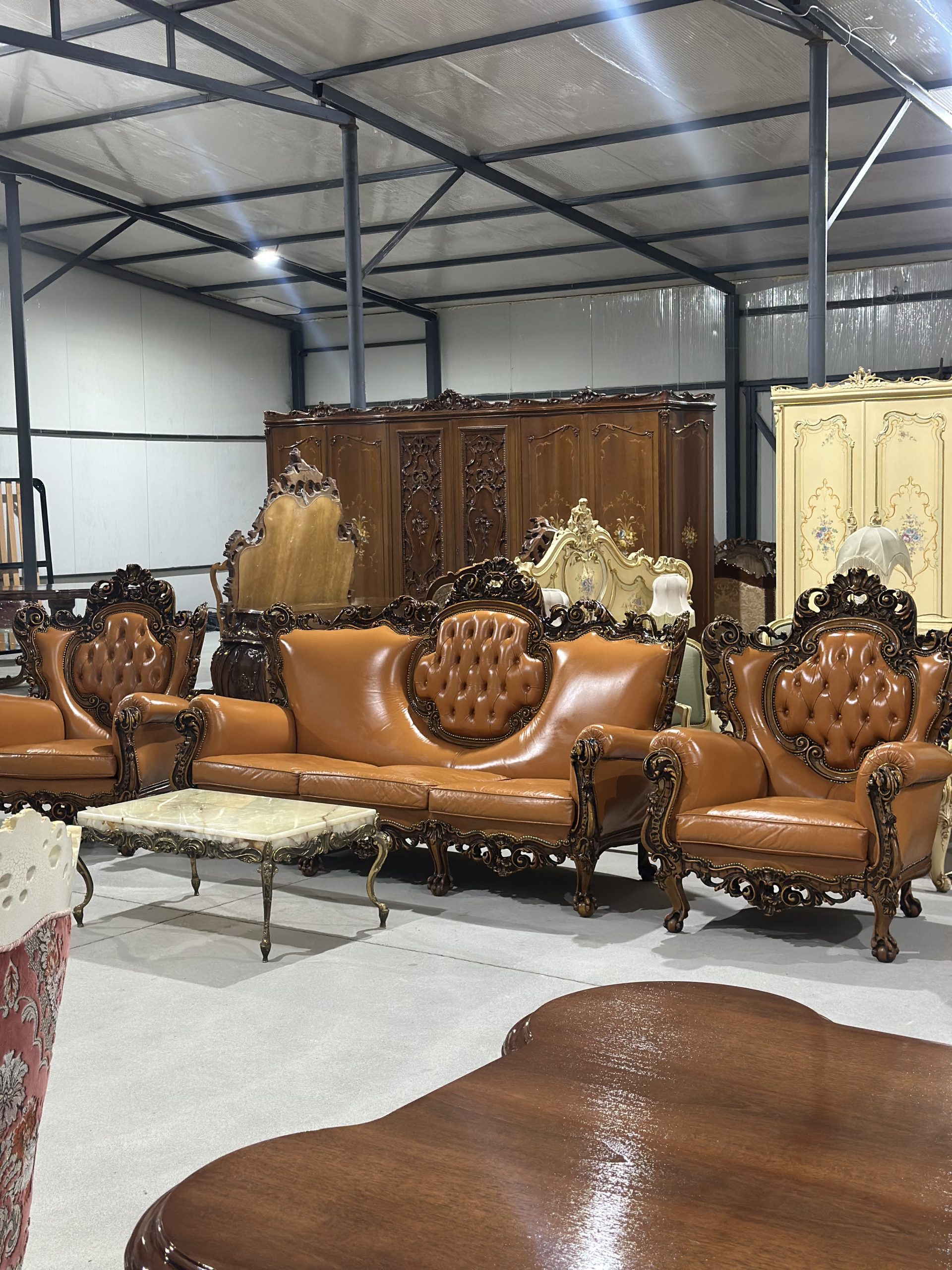 Canapea cu fotolii lemn masiv cu piele naturală stilul Baroc