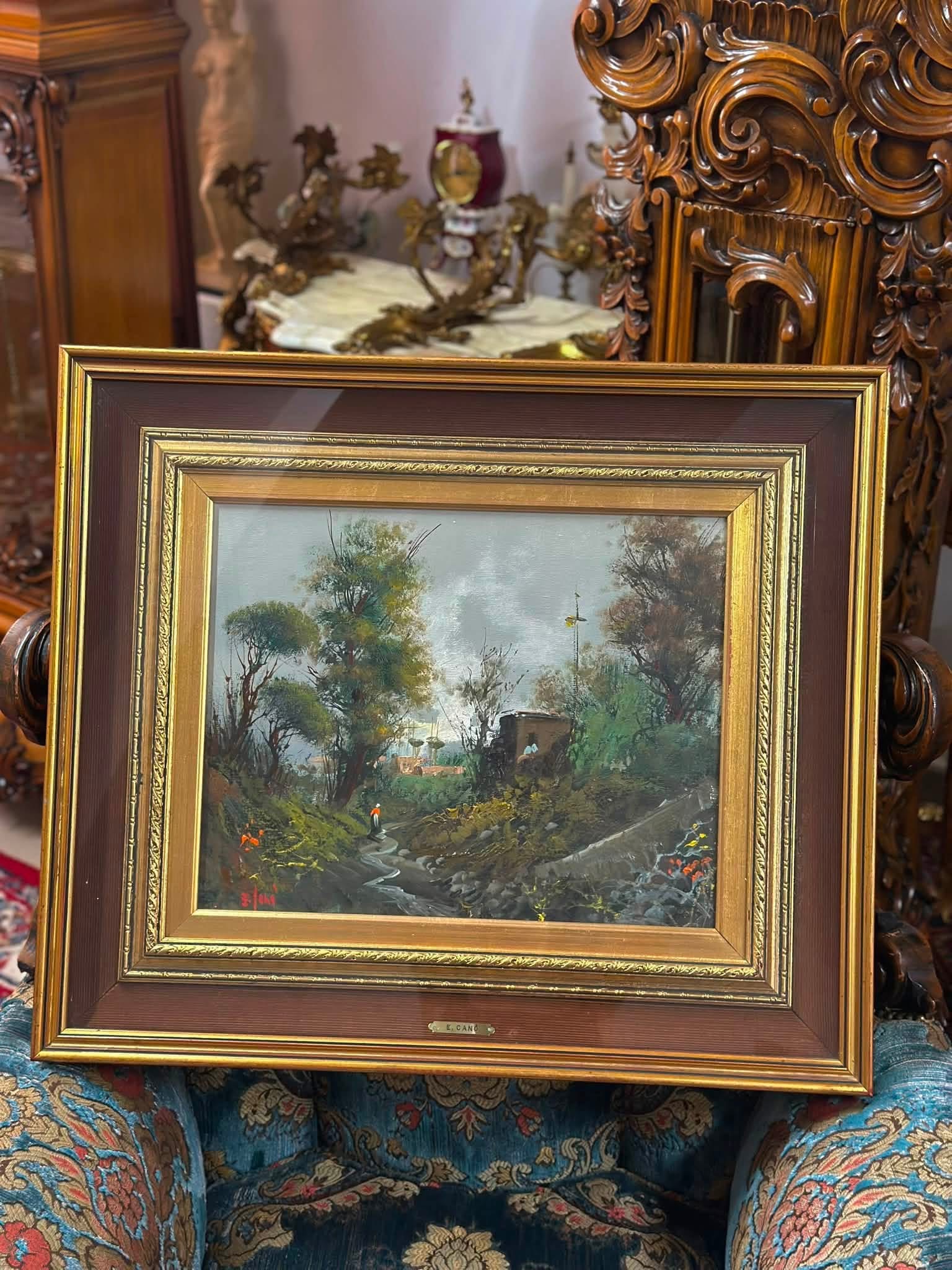 Pictură E. Canò – cca. 1940 – ulei pe pânză, peisaj – dublă înrămare