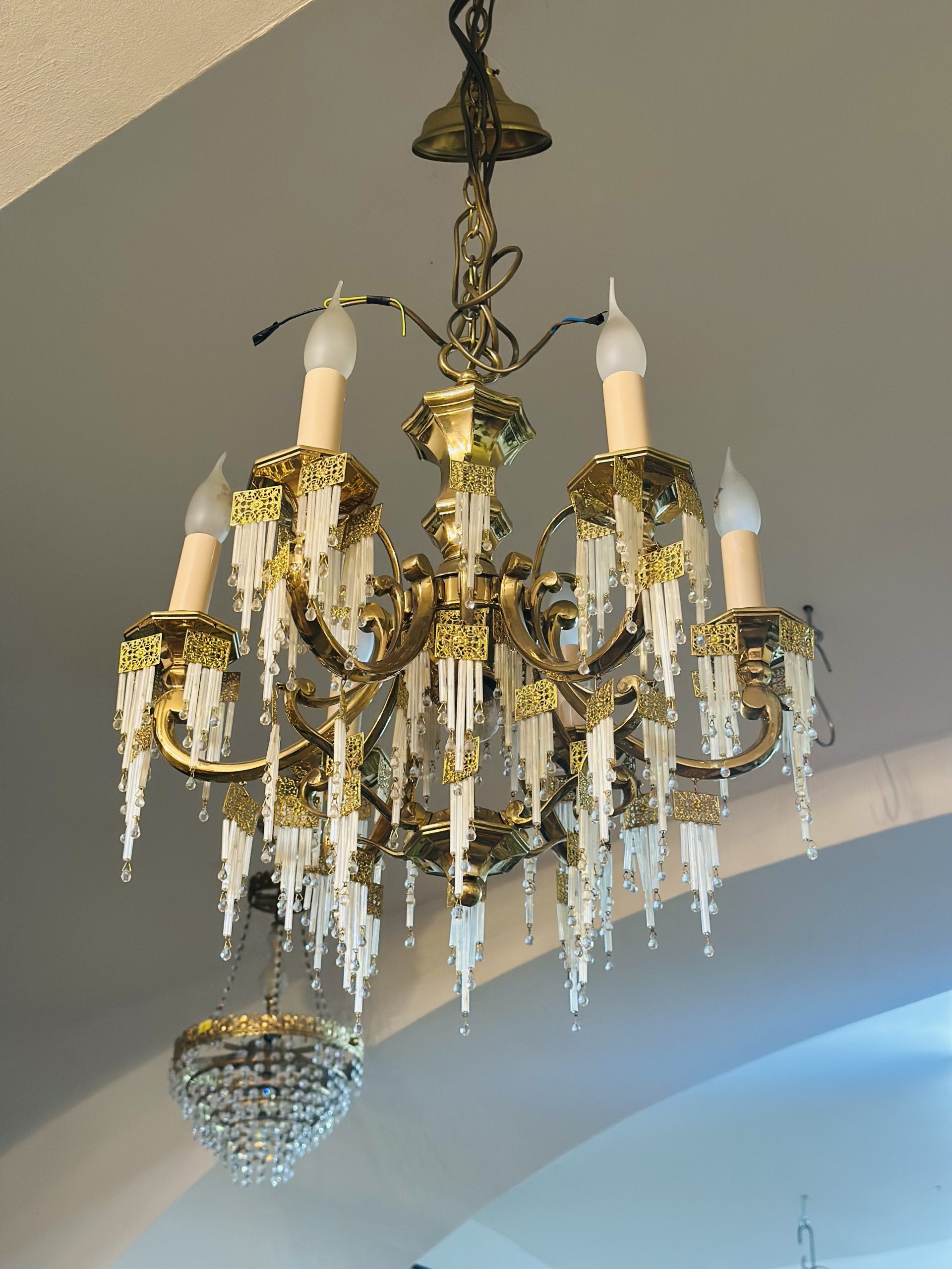 Deosebit candelabru din bronz aurit Dore-cristale tip baghetă